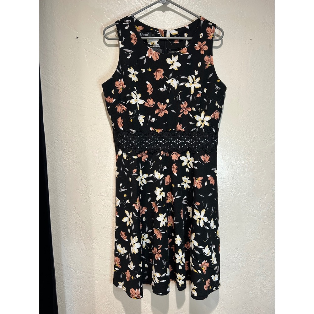 Owin Womens XL Floral Fit and Flare Dress Black Sleeveless Lace Waist A-Line